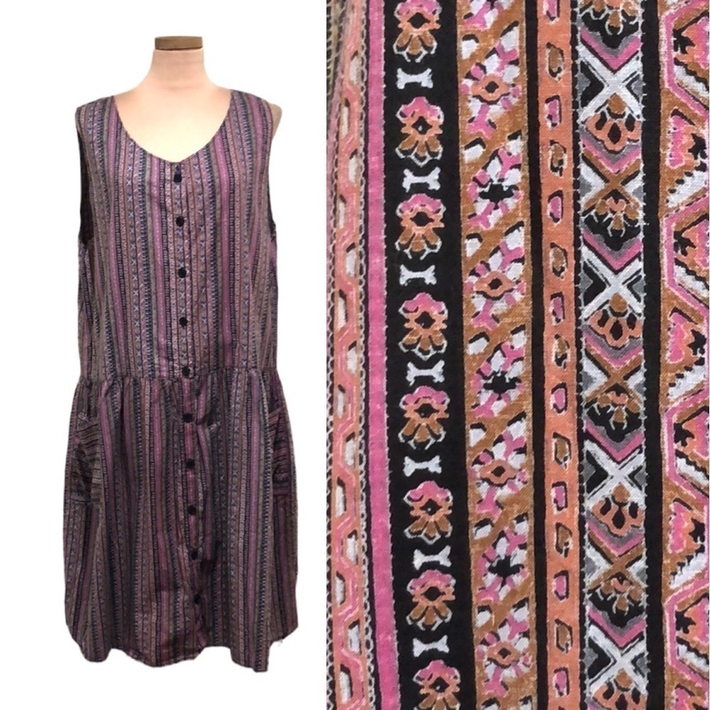 Vintage Midi Drop Waist Dress Size 14 Purple Brown Boho Tribal Print